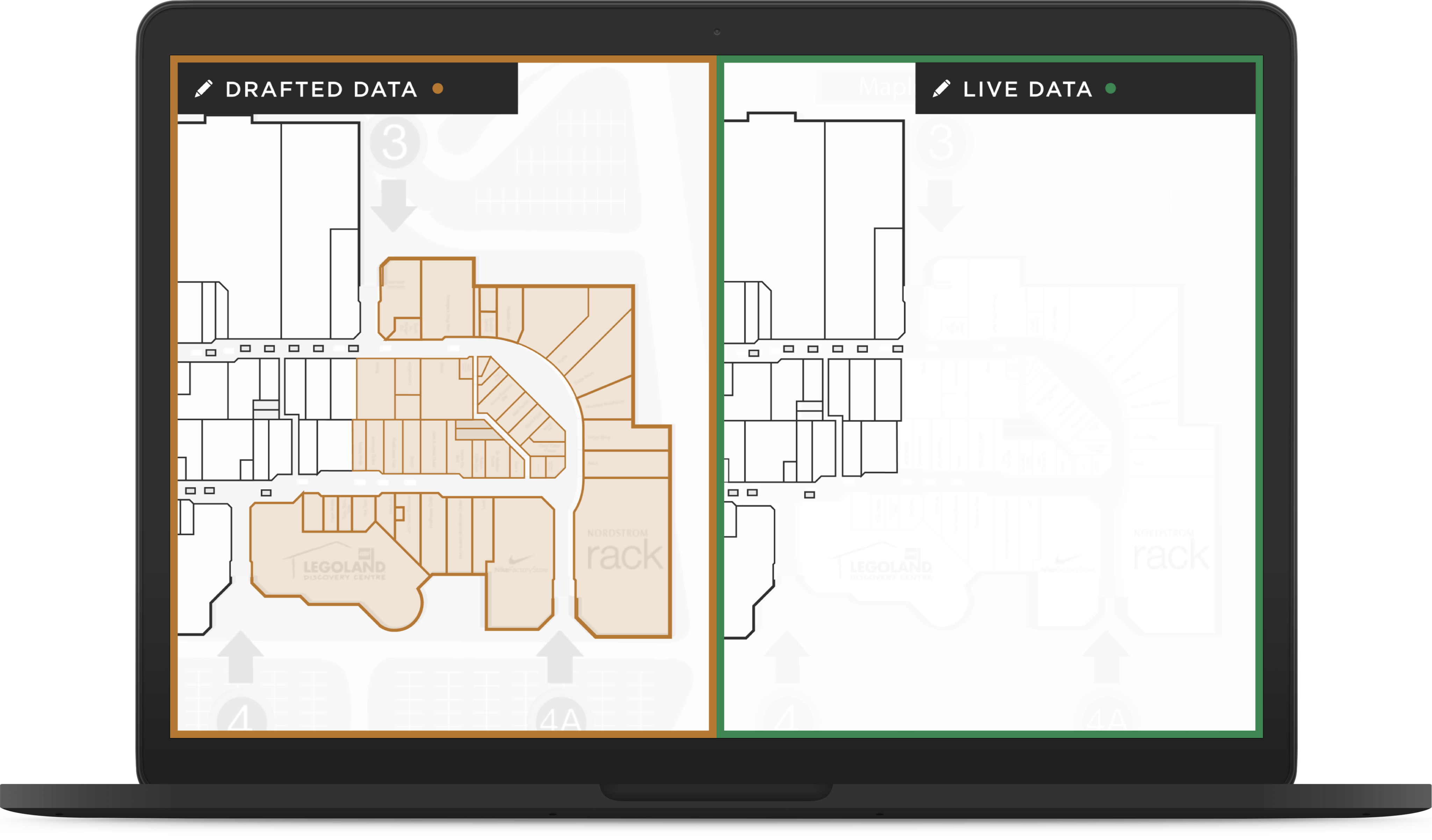 A laptop displaying the difference between draft and live data in the Mappedin CMS.